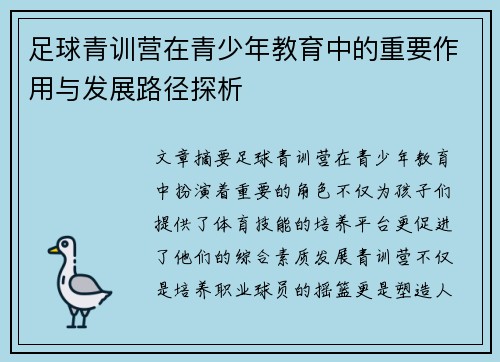 足球青训营在青少年教育中的重要作用与发展路径探析 足球青训营在青少年教育中的重要作用与发展路径探析